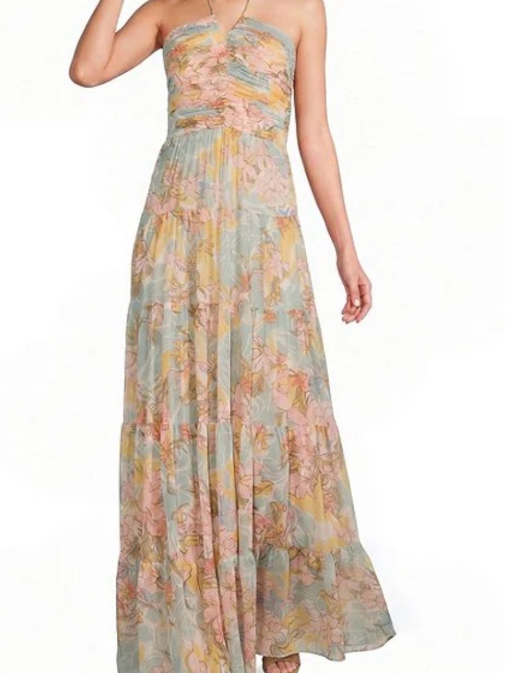 Ralph Lauren Floral Print Georgette Tiered Skirt Halter Gown